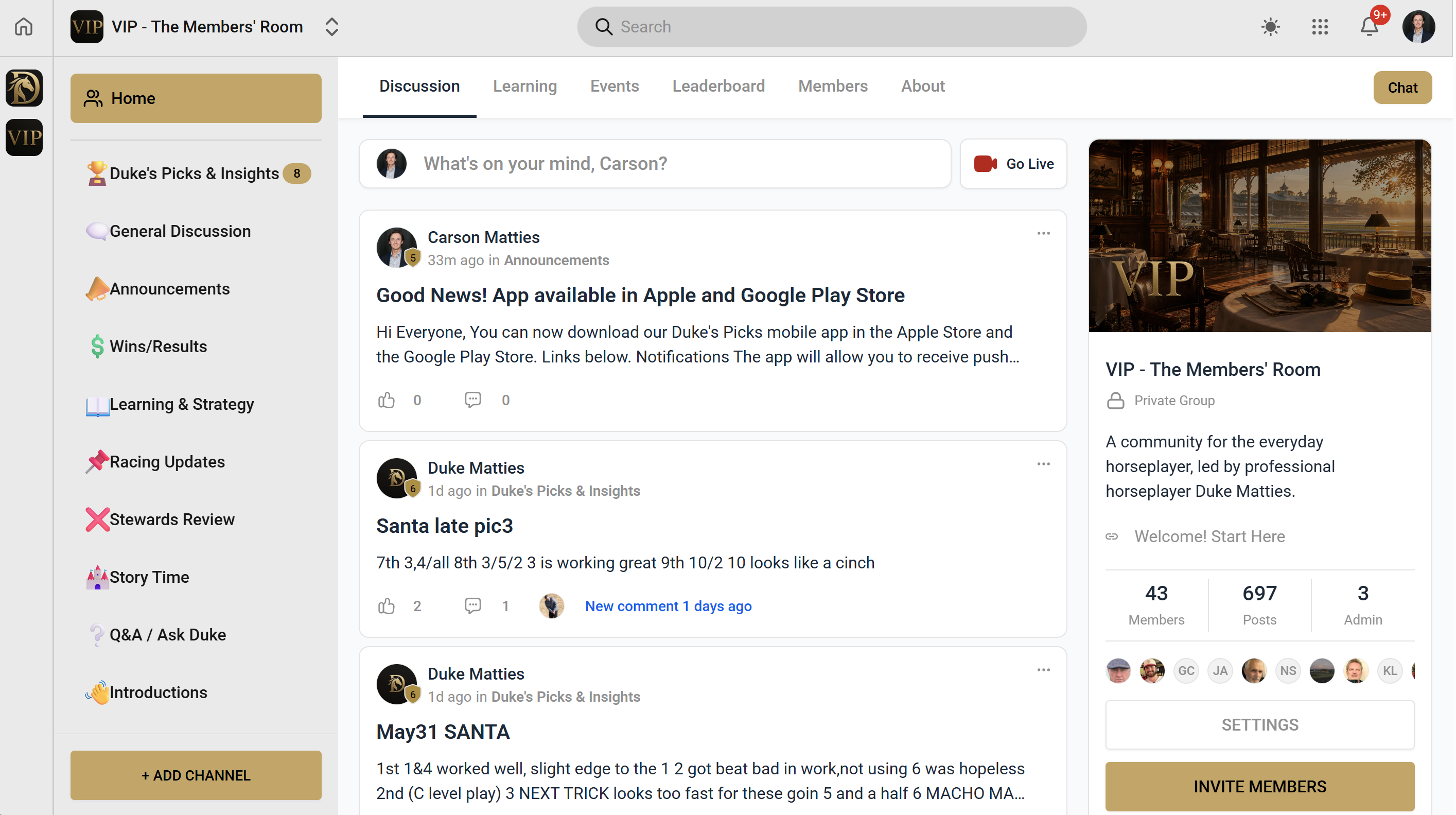 The Members' Room community feed, with Duke Matties posting his read on the Santa Anita cards, the channel sidebar down the left, and the community details on the right