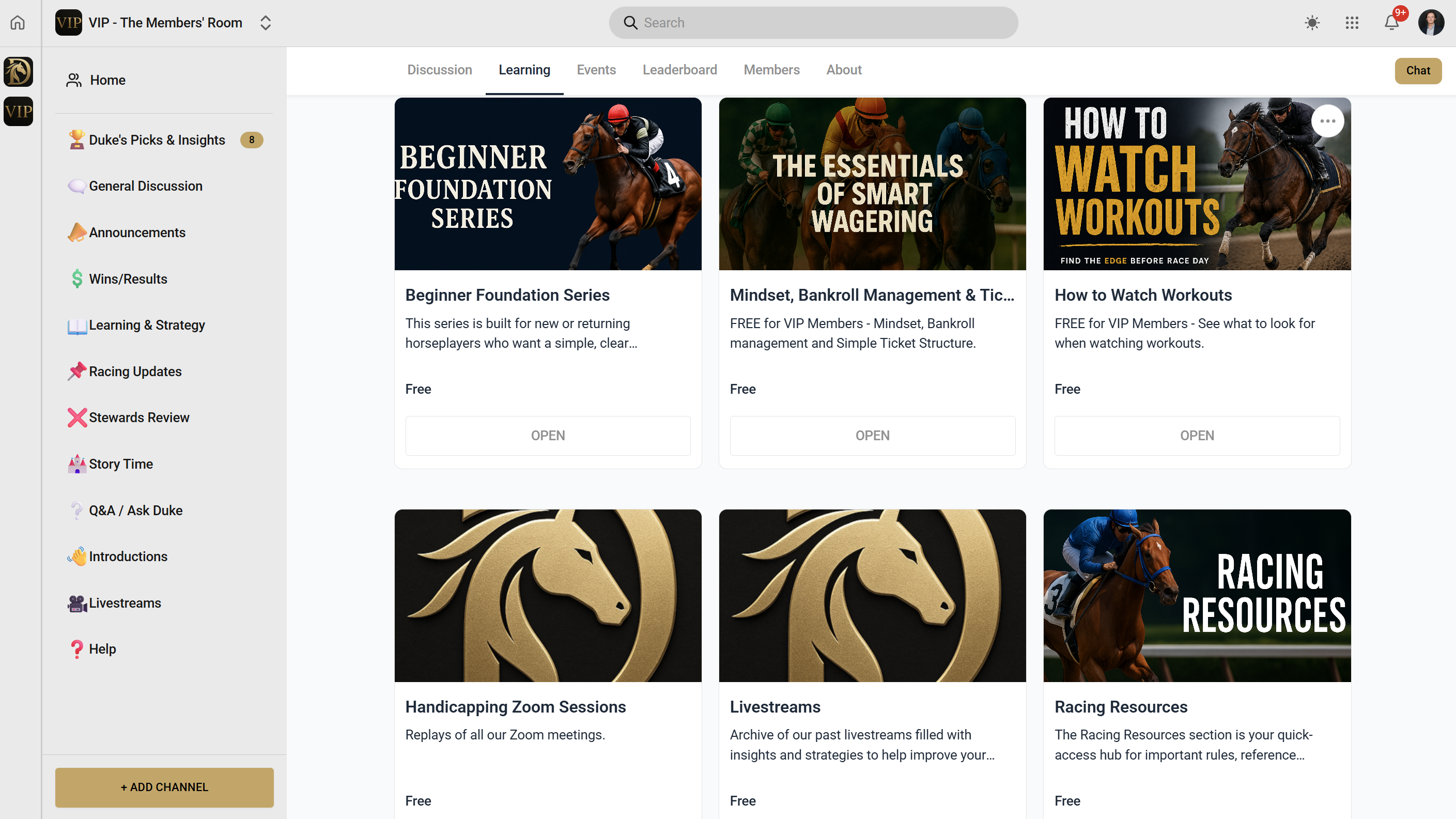 The Learning tab of the Members' Room showing the course library: Beginner Foundation Series, The Essentials of Smart Wagering, How to Watch Workouts, Handicapping Zoom Sessions, Livestreams, and Racing Resources, alongside the community channel sidebar