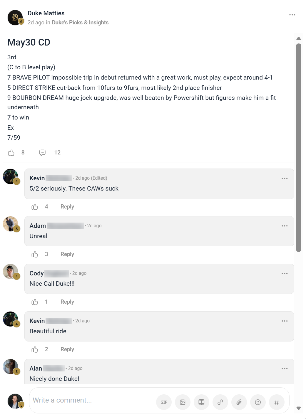 A Duke Matties post breaking down three horses on his Watch List, with his read and ticket structure, plus member comments below it