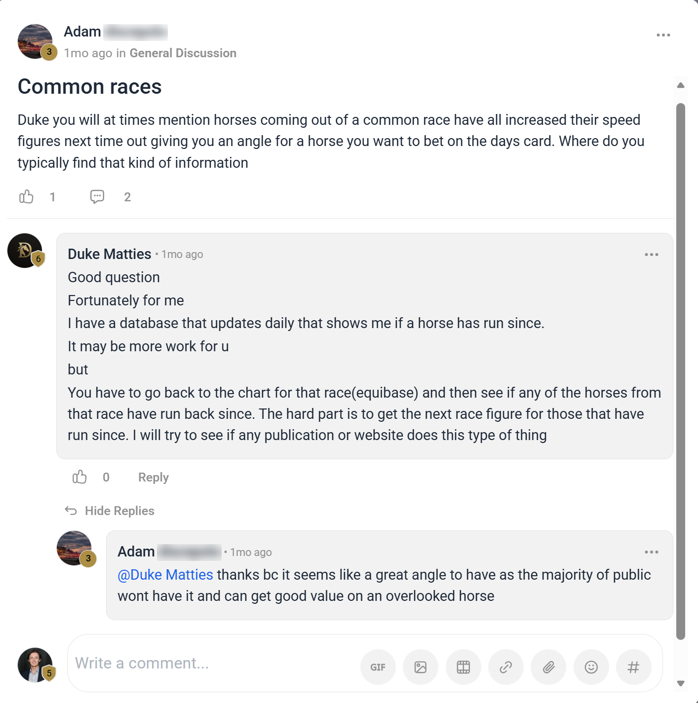 A member asking Duke a handicapping question about speed figures, and Duke answering with a database and chart reference